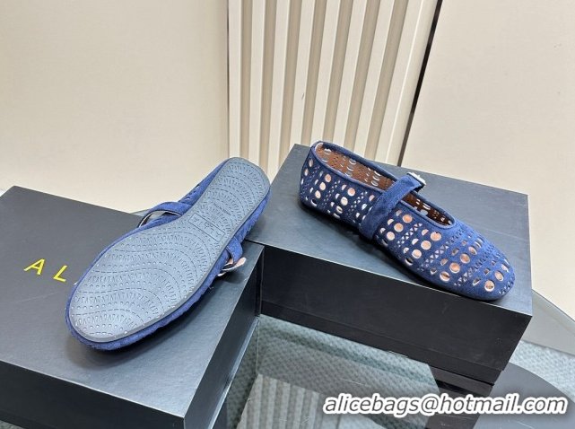 Popular Style Alaia Ballet Flat in Openwork Suede Dark Blue 1223004