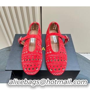 Best Luxury Alaia Ballet Flat in Openwork Suede Red 1223005