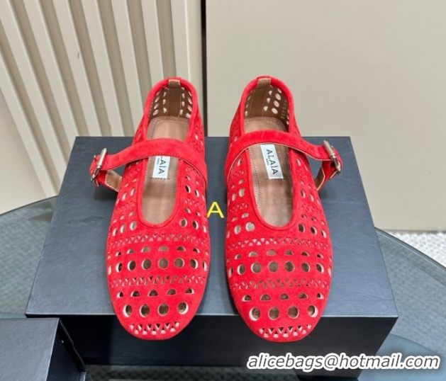 Best Luxury Alaia Ballet Flat in Openwork Suede Red 1223005