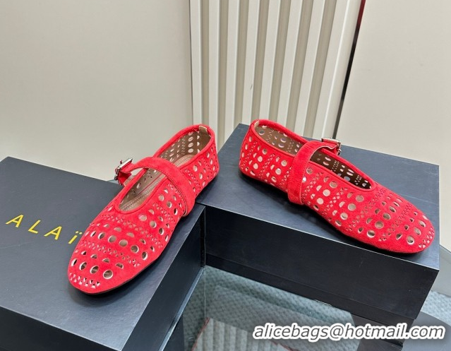 Best Luxury Alaia Ballet Flat in Openwork Suede Red 1223005