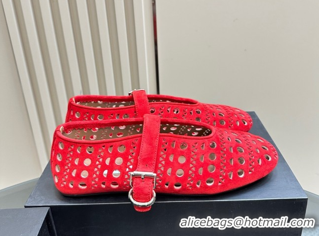 Best Luxury Alaia Ballet Flat in Openwork Suede Red 1223005