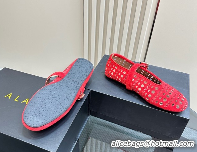 Best Luxury Alaia Ballet Flat in Openwork Suede Red 1223005