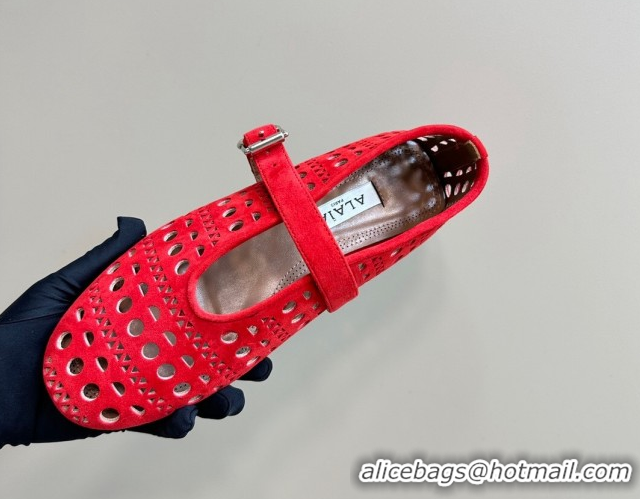 Best Luxury Alaia Ballet Flat in Openwork Suede Red 1223005