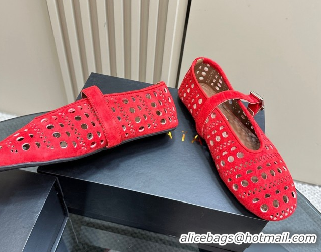 Best Luxury Alaia Ballet Flat in Openwork Suede Red 1223005