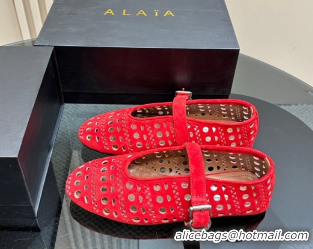 Best Luxury Alaia Ballet Flat in Openwork Suede Red 1223005