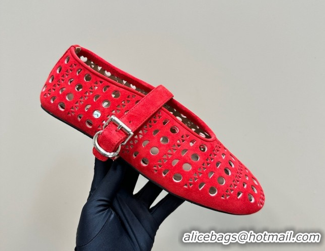 Best Luxury Alaia Ballet Flat in Openwork Suede Red 1223005