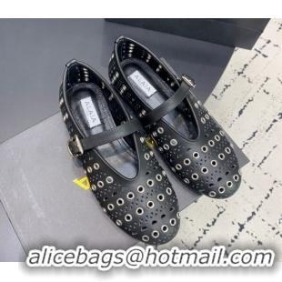 Perfect Alaia Ballet Flat in Openwork Leather with Eyelet Black 1223006