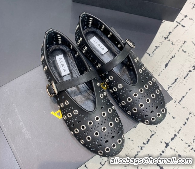 Perfect Alaia Ballet Flat in Openwork Leather with Eyelet Black 1223006