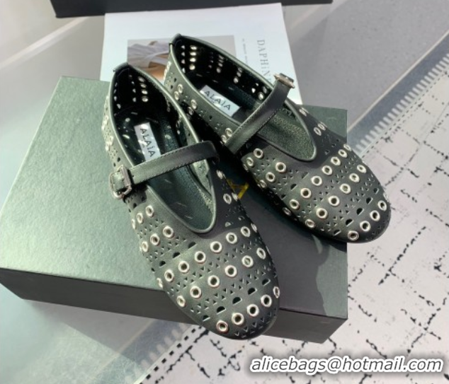 Perfect Alaia Ballet Flat in Openwork Leather with Eyelet Black 1223006