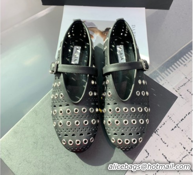 Perfect Alaia Ballet Flat in Openwork Leather with Eyelet Black 1223006