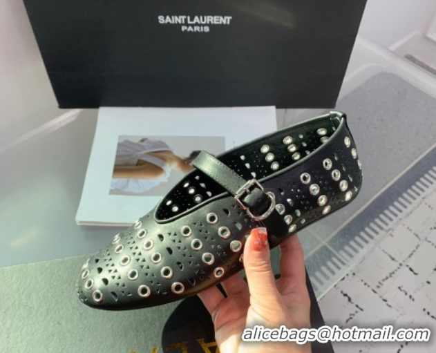 Perfect Alaia Ballet Flat in Openwork Leather with Eyelet Black 1223006