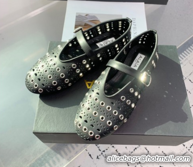 Perfect Alaia Ballet Flat in Openwork Leather with Eyelet Black 1223006