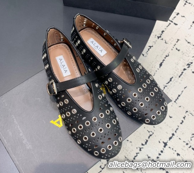 Good Product Alaia Ballet Flat in Openwork Leather with Eyelet Black Upper 1223007