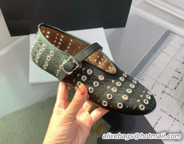 Good Product Alaia Ballet Flat in Openwork Leather with Eyelet Black Upper 1223007