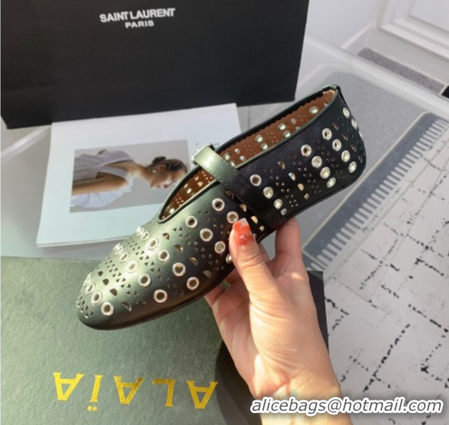 Good Product Alaia Ballet Flat in Openwork Leather with Eyelet Black Upper 1223007