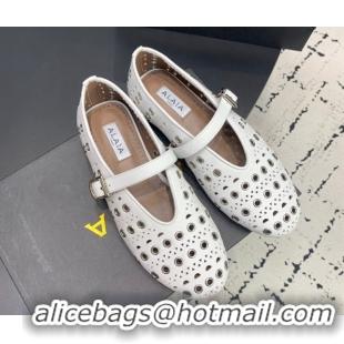 Good Quality Alaia Ballet Flat in Openwork Leather with Eyelet White 1223008