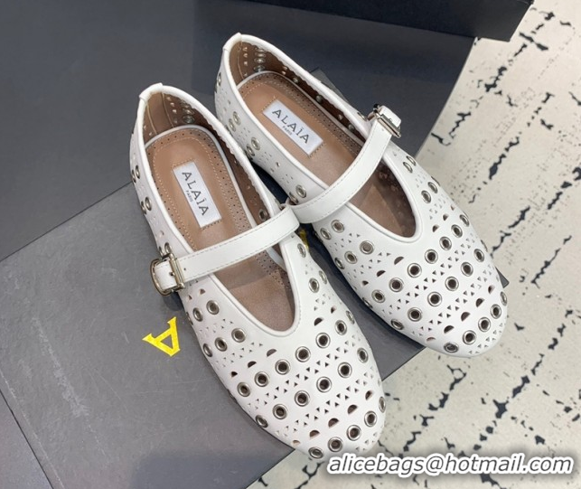 Good Quality Alaia Ballet Flat in Openwork Leather with Eyelet White 1223008