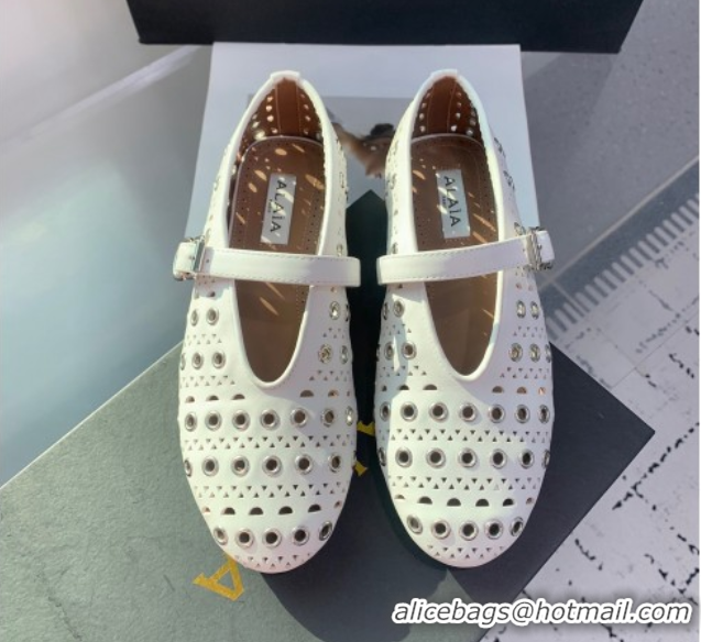 Good Quality Alaia Ballet Flat in Openwork Leather with Eyelet White 1223008