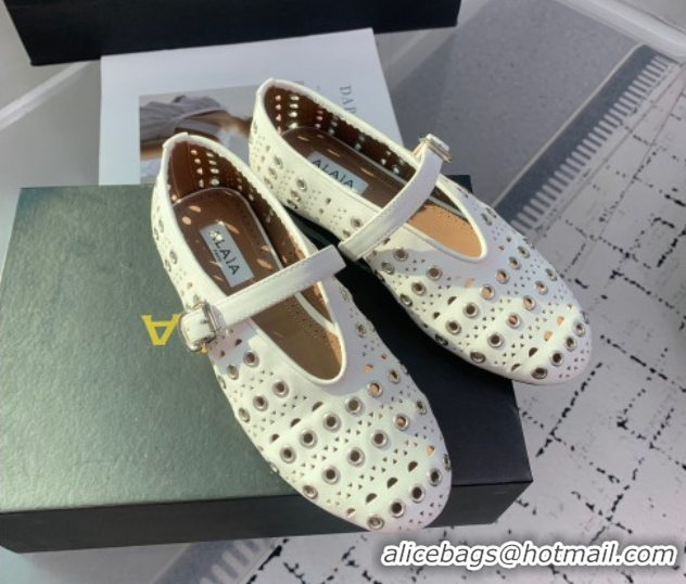 Good Quality Alaia Ballet Flat in Openwork Leather with Eyelet White 1223008