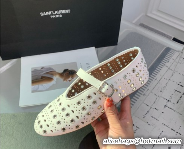 Good Quality Alaia Ballet Flat in Openwork Leather with Eyelet White 1223008