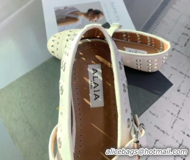 Good Quality Alaia Ballet Flat in Openwork Leather with Eyelet White 1223008