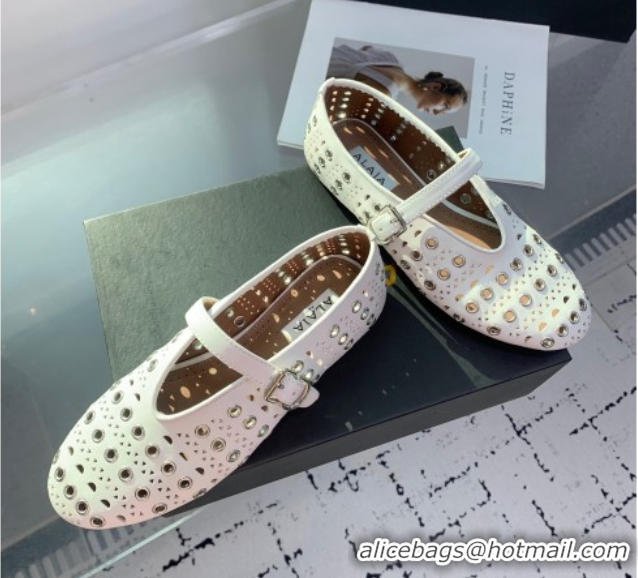 Good Quality Alaia Ballet Flat in Openwork Leather with Eyelet White 1223008