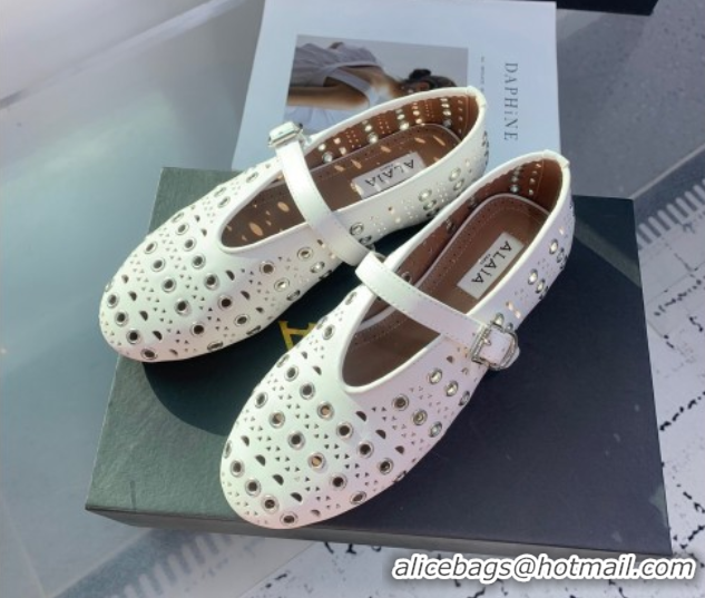 Good Quality Alaia Ballet Flat in Openwork Leather with Eyelet White 1223008