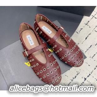 Duplicate Alaia Ballet Flat in Openwork Leather with Eyelet Dark Burgundy 1223009