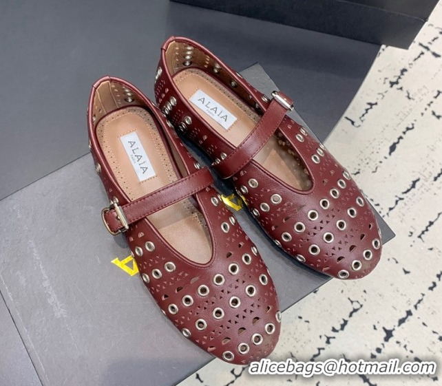 Duplicate Alaia Ballet Flat in Openwork Leather with Eyelet Dark Burgundy 1223009