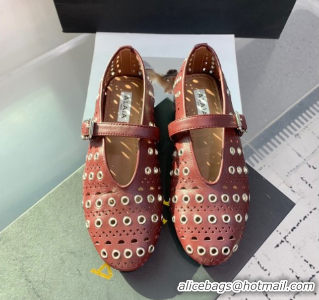 Duplicate Alaia Ballet Flat in Openwork Leather with Eyelet Dark Burgundy 1223009