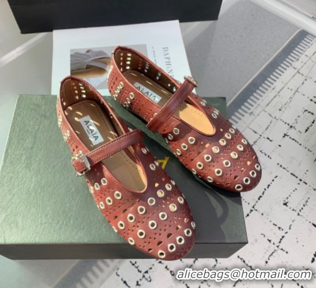 Duplicate Alaia Ballet Flat in Openwork Leather with Eyelet Dark Burgundy 1223009