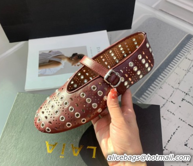 Duplicate Alaia Ballet Flat in Openwork Leather with Eyelet Dark Burgundy 1223009