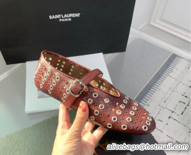 Duplicate Alaia Ballet Flat in Openwork Leather with Eyelet Dark Burgundy 1223009