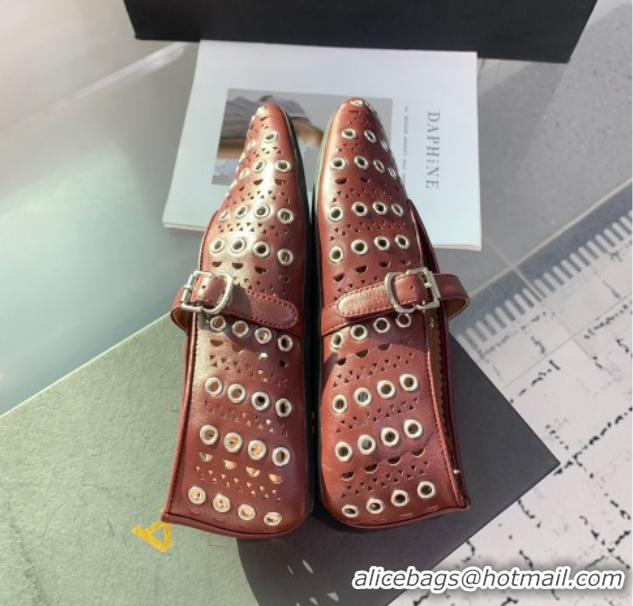 Duplicate Alaia Ballet Flat in Openwork Leather with Eyelet Dark Burgundy 1223009