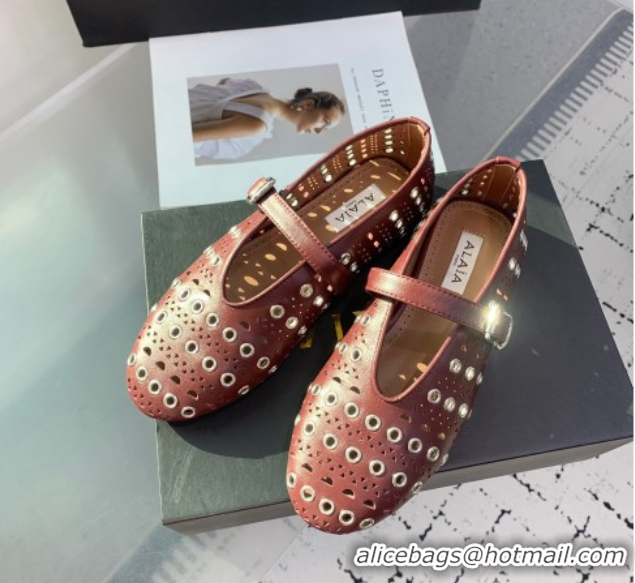 Duplicate Alaia Ballet Flat in Openwork Leather with Eyelet Dark Burgundy 1223009