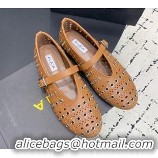 Low Cost Alaia Ballet Flat in Openwork Leather with Eyelet Light Brown 1223010
