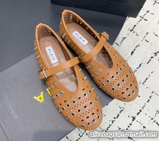 Low Cost Alaia Ballet Flat in Openwork Leather with Eyelet Light Brown 1223010