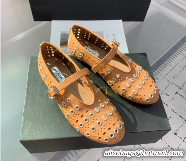 Low Cost Alaia Ballet Flat in Openwork Leather with Eyelet Light Brown 1223010