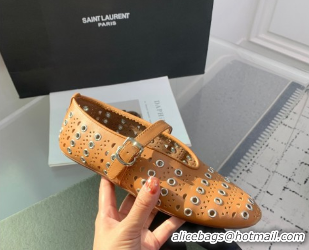 Low Cost Alaia Ballet Flat in Openwork Leather with Eyelet Light Brown 1223010