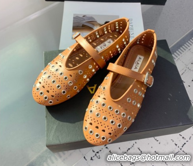 Low Cost Alaia Ballet Flat in Openwork Leather with Eyelet Light Brown 1223010