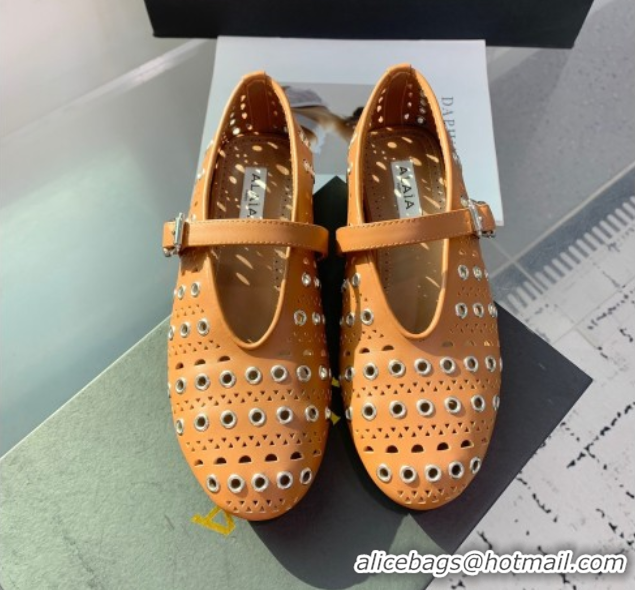 Low Cost Alaia Ballet Flat in Openwork Leather with Eyelet Light Brown 1223010
