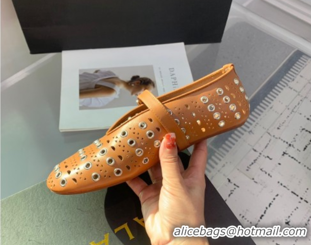 Low Cost Alaia Ballet Flat in Openwork Leather with Eyelet Light Brown 1223010