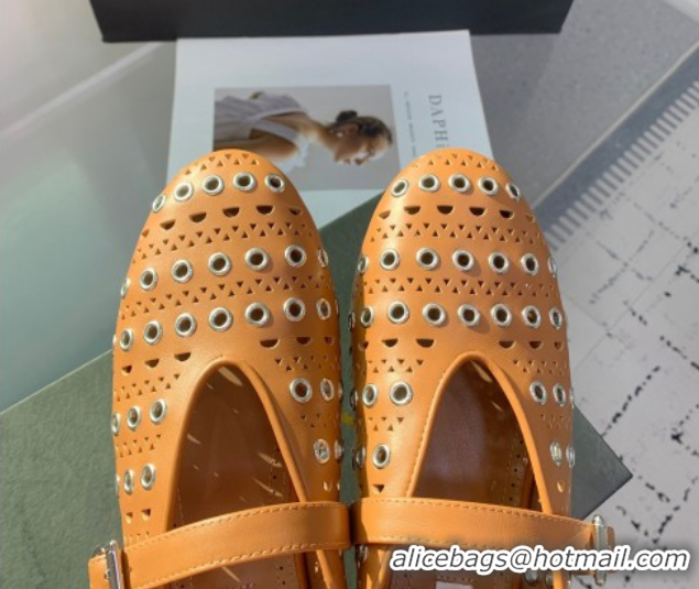 Low Cost Alaia Ballet Flat in Openwork Leather with Eyelet Light Brown 1223010