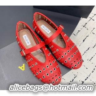 Most Popular Alaia Ballet Flat in Openwork Leather with Eyelet Red 1223011