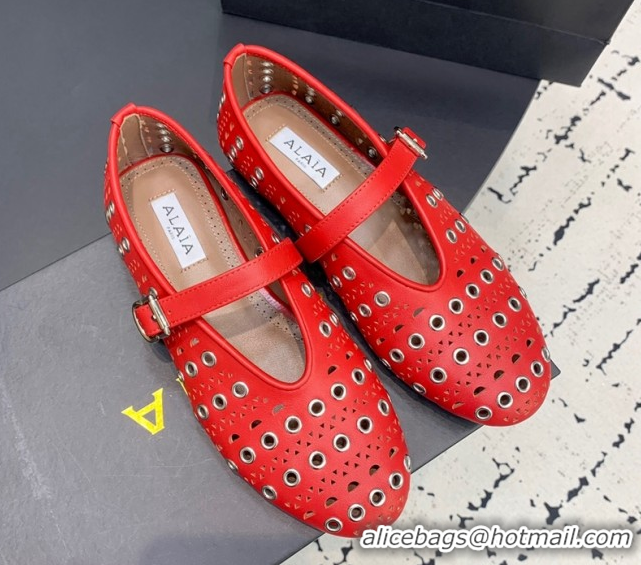 Most Popular Alaia Ballet Flat in Openwork Leather with Eyelet Red 1223011