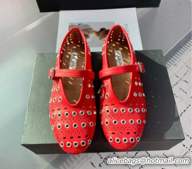 Most Popular Alaia Ballet Flat in Openwork Leather with Eyelet Red 1223011