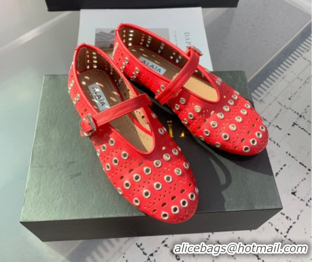 Most Popular Alaia Ballet Flat in Openwork Leather with Eyelet Red 1223011