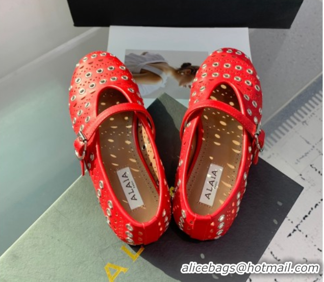 Most Popular Alaia Ballet Flat in Openwork Leather with Eyelet Red 1223011