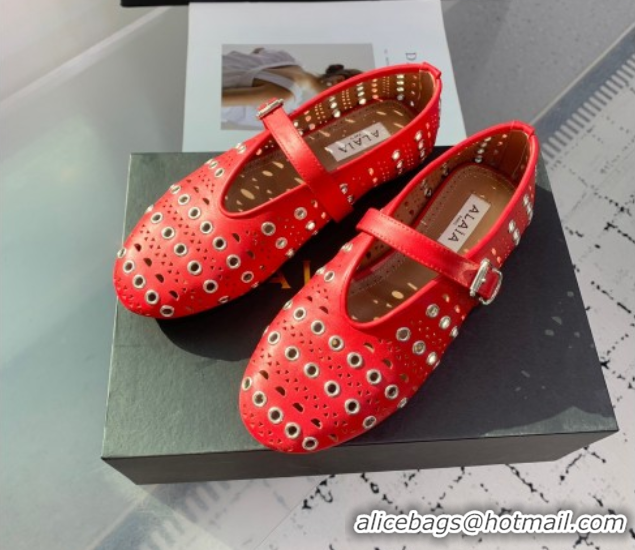 Most Popular Alaia Ballet Flat in Openwork Leather with Eyelet Red 1223011