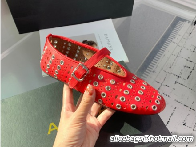 Most Popular Alaia Ballet Flat in Openwork Leather with Eyelet Red 1223011